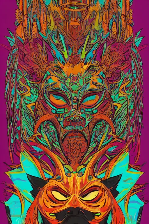 Image similar to animal mask totem roots flower tribal feather gemstone plant wood rock shaman vodoo video game vector cutout illustration vivid multicolor borderlands comics by josan gonzales and dan mumford radiating a glowing aura