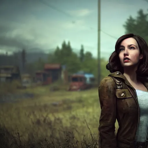 Image similar to fallout 5, charismatic brunette female protagonist, portrait, outdoors scene, somewhere in a low density rural town, retro rusted cars, atmospheric lighting, painted, intricate, volumetric lighting, beautiful, daytime, sunny weather, sharp focus, slightly desaturated, ultra detailed, by leesha hannigan, ross tran, thierry doizon, kai carpenter, ignacio fernandez rios