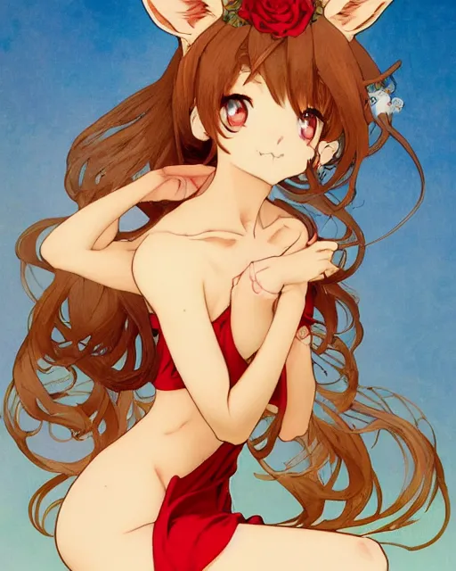 Image similar to A cute frontal fullbody painting of a beautiful anime skinny foxgirl with curly brown colored hair and fox ears on top of her head wearing a cute red dress with rose symbolic sitting on the stone looking at the viewer, elegant, delicate, soft lines, higly detailed, smooth , pixiv art, ArtStation, artgem, art by Gil Elvgren alphonse mucha and charles reid, high quality, digital illustration, concept art