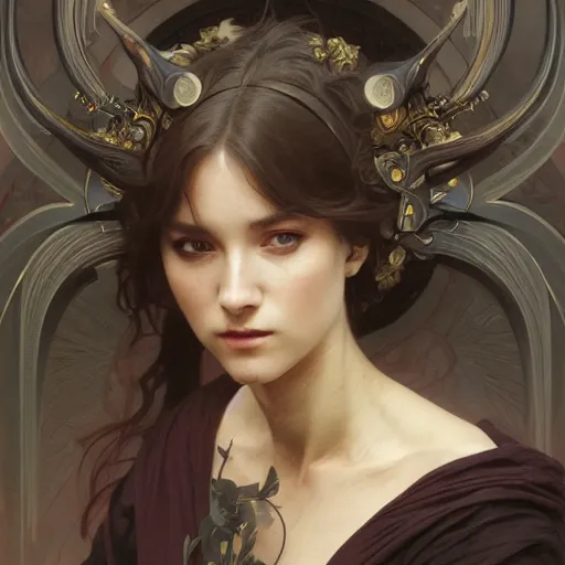 Image similar to portrait of a demon, intricate, elegant, highly detailed, digital painting, artstation, concept art, smooth, sharp focus, illustration, art by artgerm and greg rutkowski and alphonse mucha and william - adolphe bouguereau