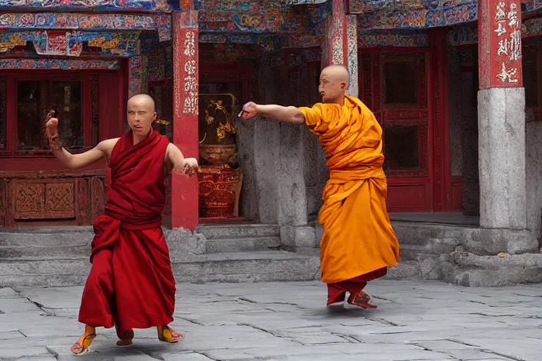 Prompt: VFX movie of a Tibetan monk dancing with fire in a Chinese courtyard by Emmanuel Lubezki