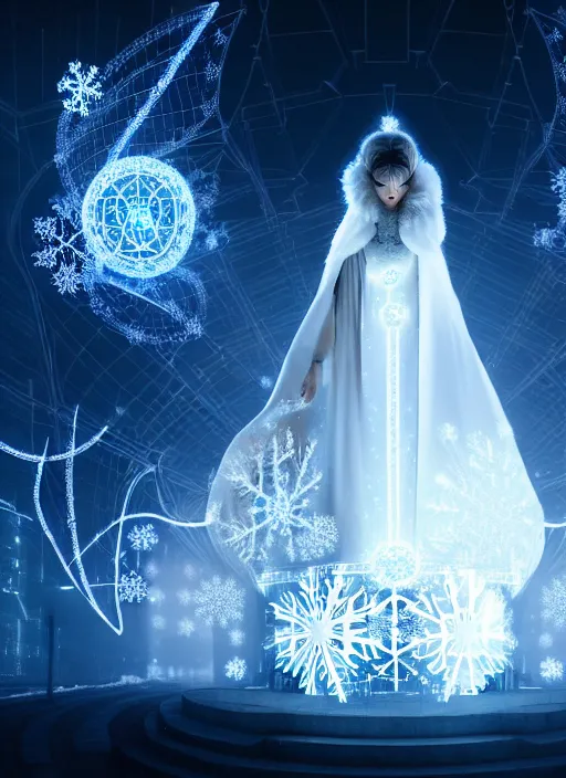 Image similar to a beautiful white queen with a giant snowflake as magic portal in the background, bokeh, glowing light orbs, intricate concept art, illuminated lines, outrun, vaporware, dark background, cyberpunk darksynth, ethereal, ominous, misty, 8 k, rendered in octane, by ruan jia and jeremy mann and alphonse mucha