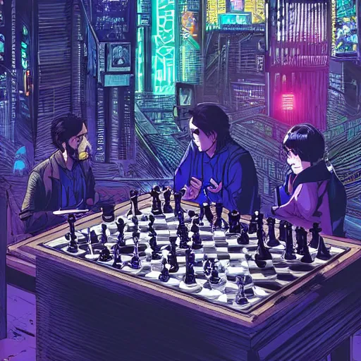 Image similar to high detailed people playing chess in a cyberpunk rainy city at night by josan gonzalez, eliran kantor, hand drawn, illustration, purple and blue neons, unreal engine, high quality, 4 k, uhd, trending on artstation, wires, blade runner vibes, ghost in the shell, akira, dorohedoro