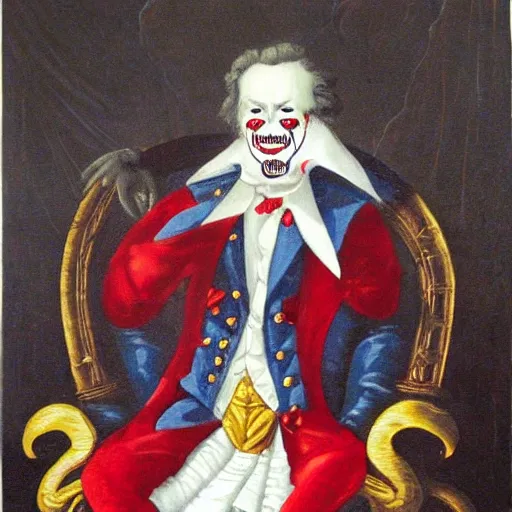 Image similar to a vampire sitting on a throne in his castle during the american revolution. he is surrounded by fine art and is wearing a bright clown emoji mask. finely detailed oil painting by john and ai