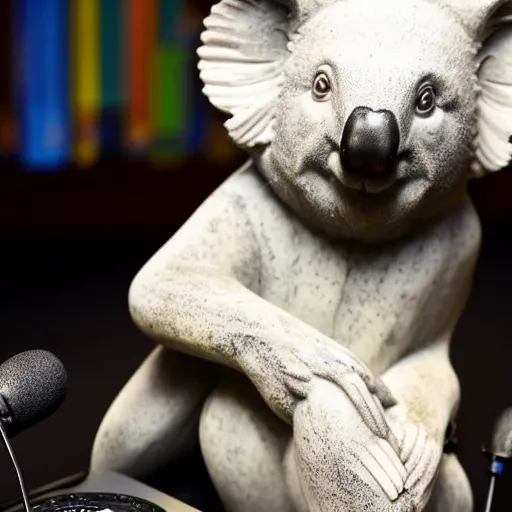 Prompt: a marble statue of a koala dj in front of a marble statue of a turntable. the koala has wearing large marble headphones.