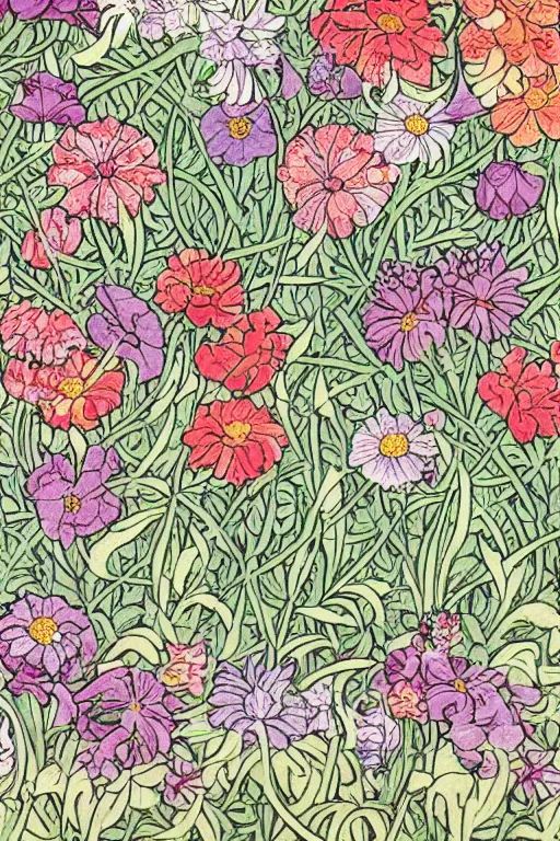 Prompt: spring flowers, happy and beautiful, by jacdraws and william morris