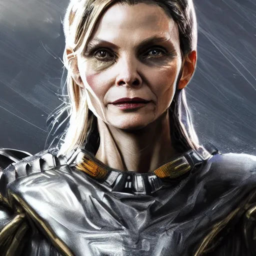 Prompt: michelle pfeiffer portrait, dystopia core, apocalyptic, armor, warrior, dramatic, sharp focus, fiction, neon, fantasy, hyper detailed, digital art, trending in artstation, cinematic lighting, studio quality, smooth render, unreal engine 5 rendered, octane rendered, art style and nixeu and wlop and krenz cushart