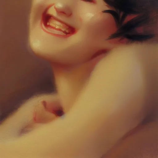 Prompt: a detailed close up portrait of a cute anime girl, smiling coy, painting by gaston bussiere, craig mullins, j. c. leyendecker