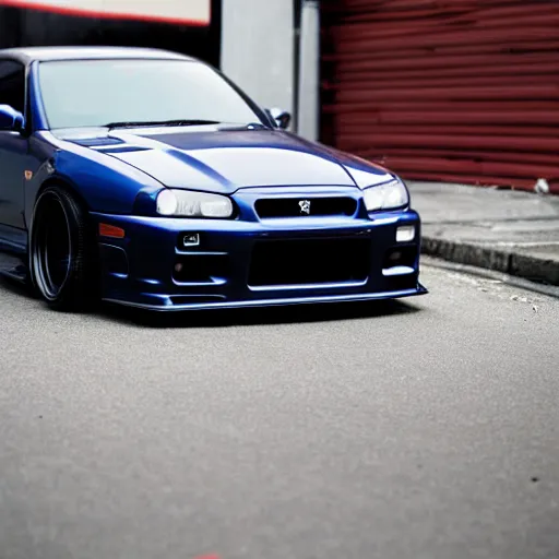 Prompt: Nissan GTR R34 Parked in alley cannon photo 1mp