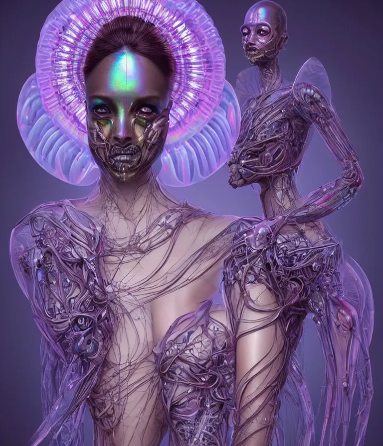 Image similar to fully symmetrical centered iridescent portrait of a beautiful princess in robe. artificial muscles, ribcage, bones, hard surface modelling. cyberpunk look. biomechanical mask. bio luminescent biomechanical halo around head. jellyfish. artwork by jarold Sng by artgerm, by Eddie Mendoza, by Peter mohrbacher by tooth wu, unreal engine, octane render, cinematic light, high details, iridescent colors, dichroic, macro, depth of field, blur