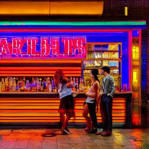 Prompt: night scene in front of bar, neon sign, romantic couples