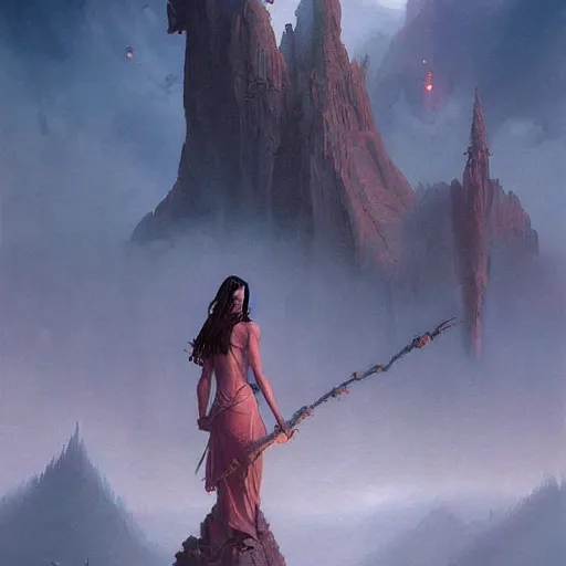 Image similar to fantasy painting with a woman in a surreal environment by Greg Rutkowski and Michael Whelan