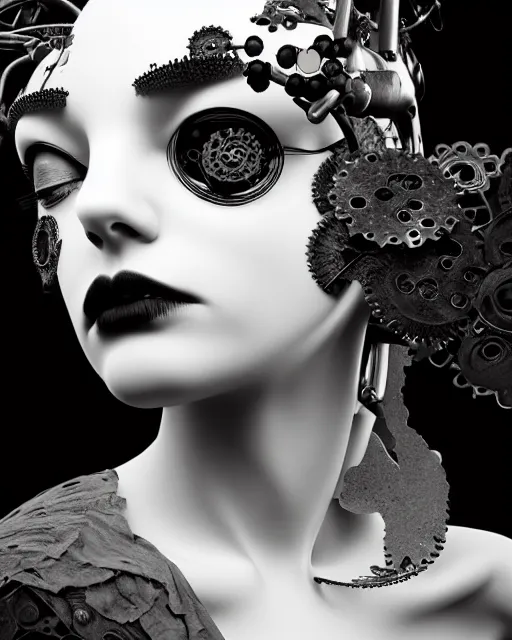 Image similar to black and white dreamy foggy poetic smoky profile face portrait, one silver steampunk realistic eye biomechanical beautiful angelic young female cyclope - cyborg - robot bust, body ribs meshes,, volumetric light, hibiscus flowers, by dora maar, rim light, big gothic fashion pearl embroidered collar, 8 k