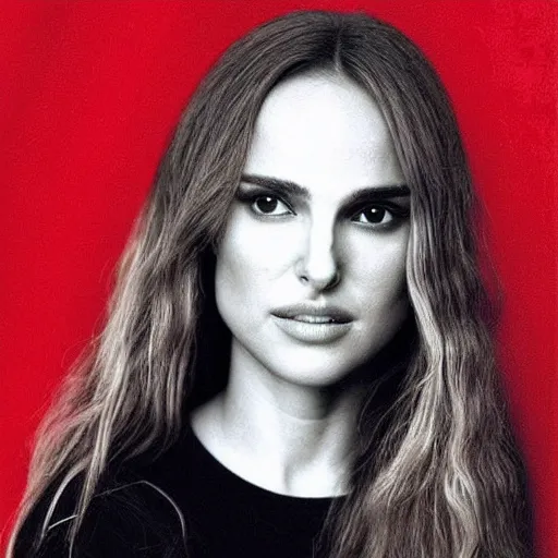 Image similar to “Natalie Portman portrait, red black white colors, long white hair, space on the background, red eyes”