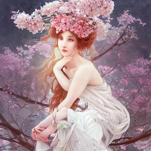 Image similar to a photograpic portrait of a anthropomorphic cherry-blossom wearing white clothes, fantasy, intricate, elegant, highly detailed, digital painting, artstation, concept art, smooth, sharp focus, illustration, art by artgerm and H R Giger and alphonse mucha