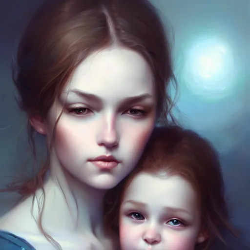 Image similar to love is patient love is kind, mother and child ; photorealistic oil painting by charlie bowater and mark blooms ; highly detailed cute faces by wlop ; trending on artstation