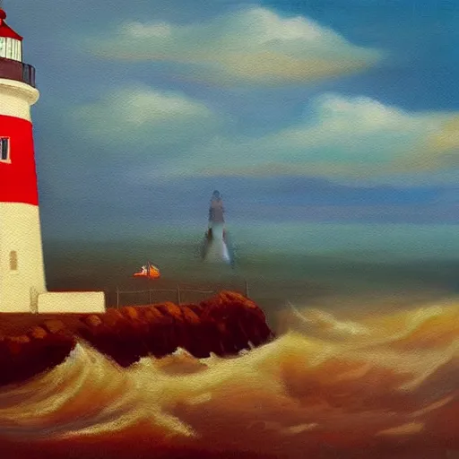 Image similar to an oil painting of a lighthouse overlooking an ocean made of blood, epic