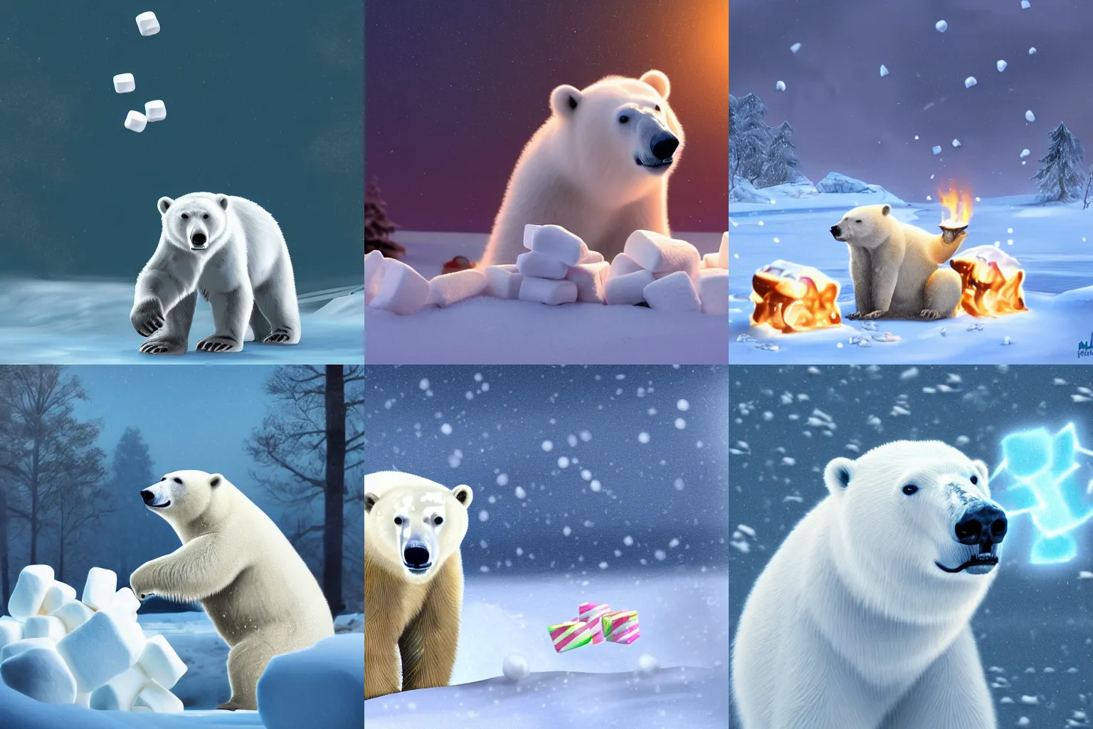 Prompt: A polar bear enjoying some marshmallows in a blizzard. Award-winning digital art, 4k, trending on ArtStation, f/4