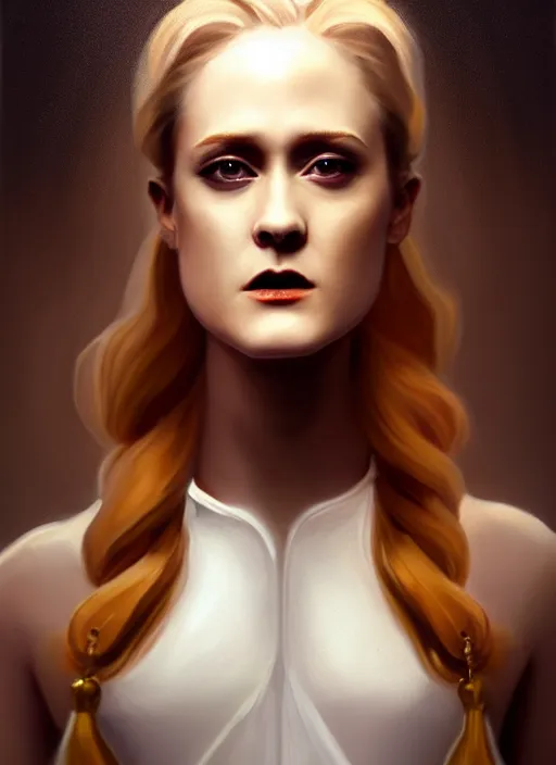 Prompt: goddess, Evan Rachel Wood, pale, holy, gorgeous, full body white dress, symmetrical face, high fantasy, concept art, warm lighting, painting