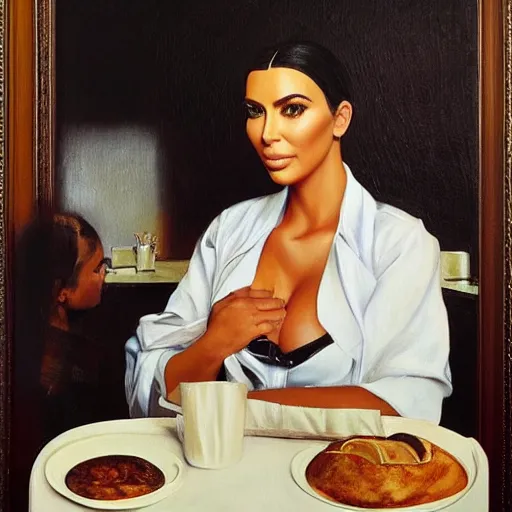 Image similar to kim kardashian at a diner, head and shoulders portrait, extremely detailed masterpiece, roger deakin ’ s cinematography, oil on canvas, norman rockwell.