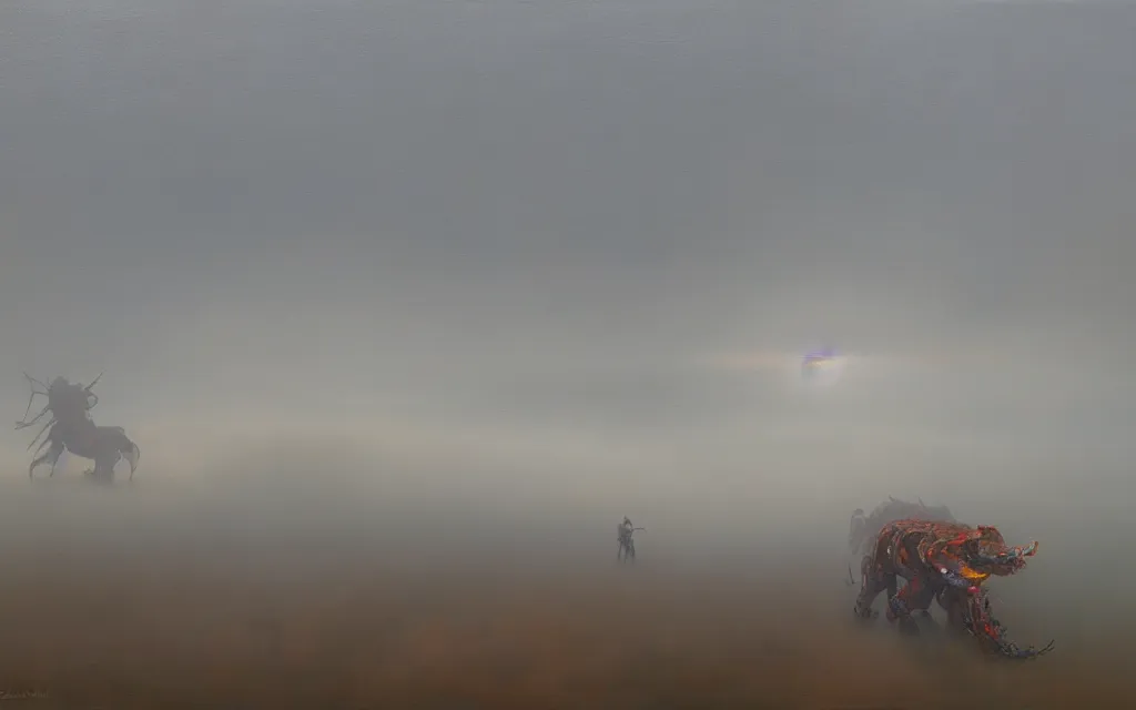 Prompt: giant robot centipede wandering across a foggy landscape, award winning oil painting, iridescent