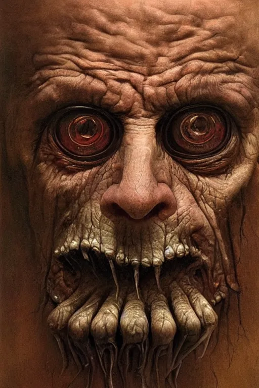 Prompt: hyperrealism oil painting, close - up portrait of a scary old man with a thousand eyes and mandibles, in style of baroque zdzislaw beksinski