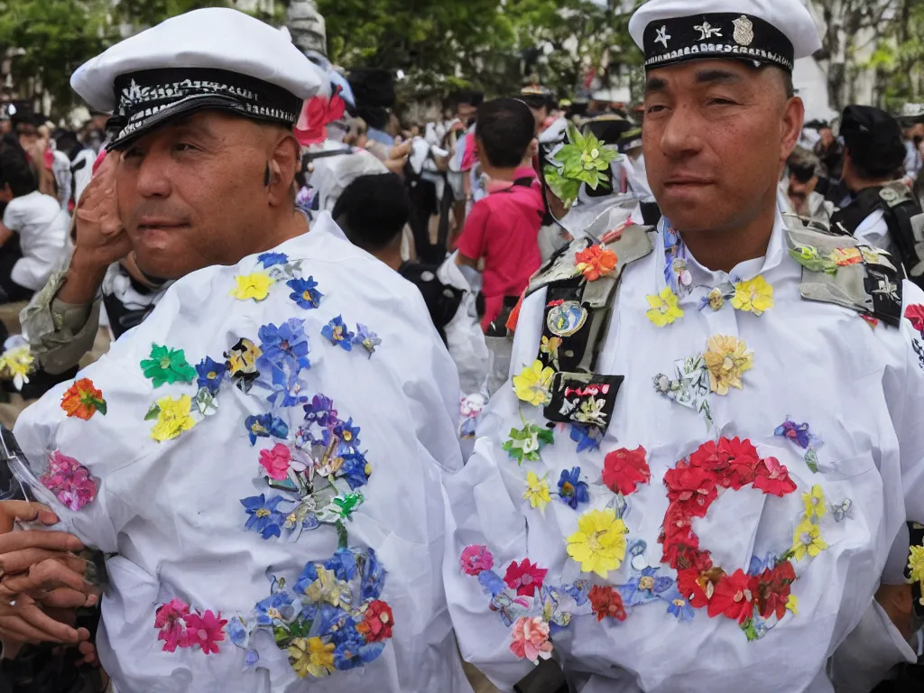 Image similar to military dictatorship with peace symbols, police state covered with flowers