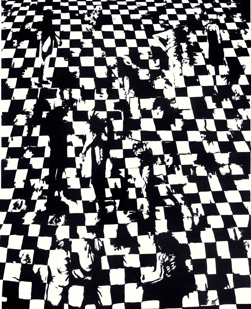 Prompt: a couple of people standing on top of a checkered floor, a poster by syd barrett, behance, neo - expressionism, black arts movement, poster art, indigo dye - transfer, artwork, 1 9 9 0 s