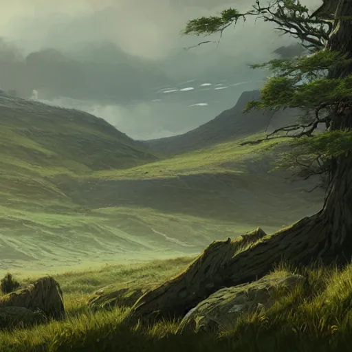 Image similar to concept art painting of a high moorland marsh above a mountainous forest, realistic, detailed, cel shaded, in the style of makoto shinkai and greg rutkowski and james gurney