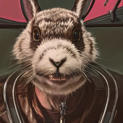 Image similar to highly detailed portrait of a biker rabbit in gta v, stephen bliss, unreal engine, fantasy art by greg rutkowski, loish, rhads, ferdinand knab, makoto shinkai and lois van baarle, ilya kuvshinov, rossdraws, tom bagshaw, global illumination, radiant light, detailed and intricate environment