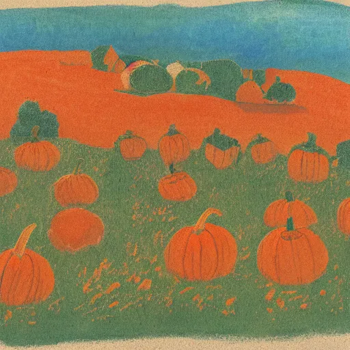 Prompt: a monotype of a pumpkin in a field, risograph, autumn