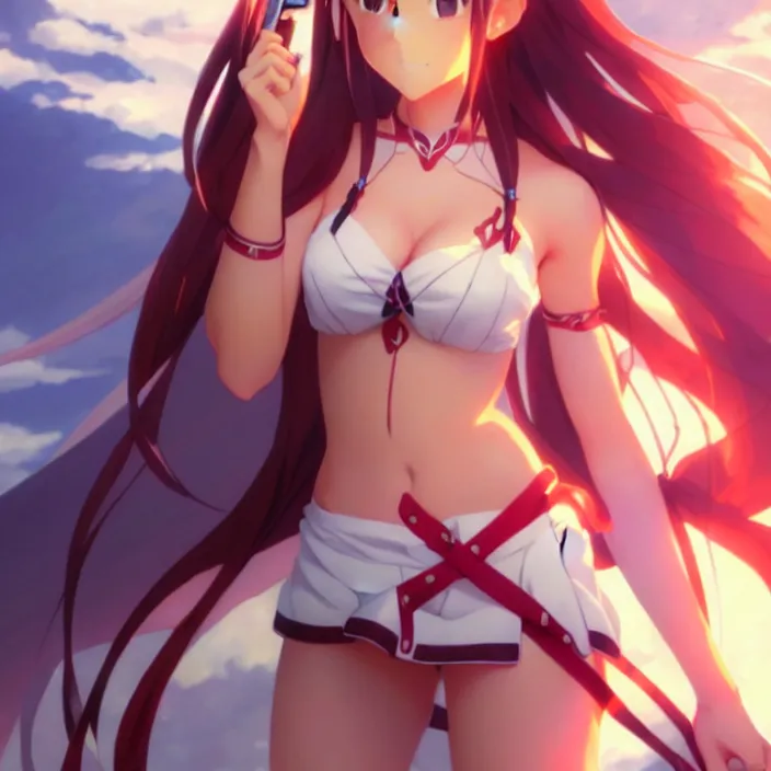 Image similar to beautifu photo of asuna from sao, asuna by a - 1 pictures, by greg rutkowski, gil elvgren, enoch bolles, glossy skin, pearlescent, anime, maxim magazine, very coherent