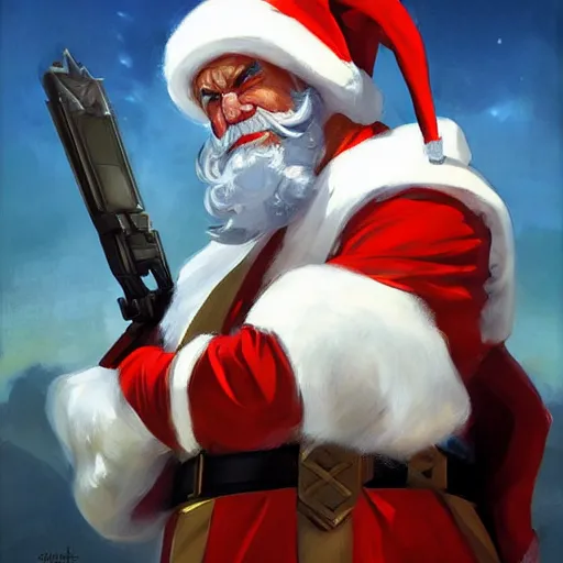 Image similar to greg manchess portrait painting of partially armored santa claus as overwatch character, medium shot, asymmetrical, profile picture, organic painting, sunny day, matte painting, bold shapes, hard edges, street art, trending on artstation, by huang guangjian and gil elvgren and sachin teng