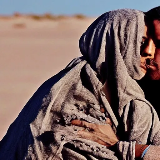 Prompt: a sand wraith kissing a handsome tuareg. Amazing detailed movie still