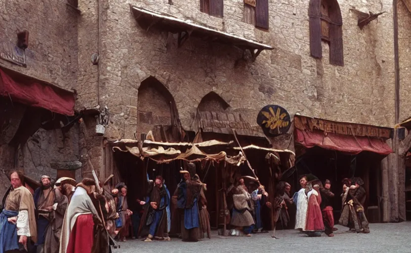 Image similar to movie still exterior of a medieval marketplace under attack by goblins, by David Bailey, Cinestill 800t 50mm eastmancolor, heavy grainy picture, very detailed, high quality, 4k, HD criterion, precise texture and facial expression