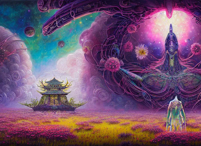 Image similar to a beautiful painting of a large alien shrine shrouded by mystic nebula magic in a field of flowers by moebius and android jones, oil on canvas sharp, details, hyper - detailed, hd, hdr, 4 k, 8 k