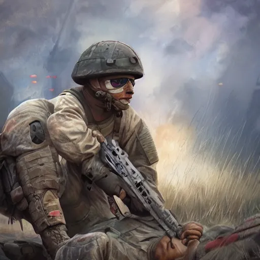 Prompt: an injured soldier dying in a battle field, realism, trending on Artstation