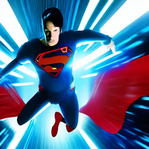 Prompt: keanu reeves as superman in tron legacy city