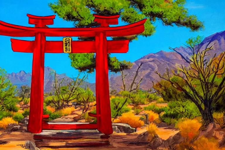 Prompt: a painting of a beautiful large shinto shrine with a torii in a natural setting, soft lighting, seasonal weather, in the desert southwest