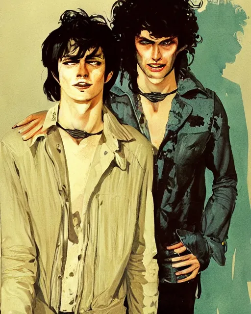 Image similar to two handsome but sinister young men in layers of fear, with haunted eyes and wild hair, 1 9 7 0 s, seventies, wallpaper, a little blood, moonlight showing injuries, delicate embellishments, painterly, offset printing technique, by coby whitmore