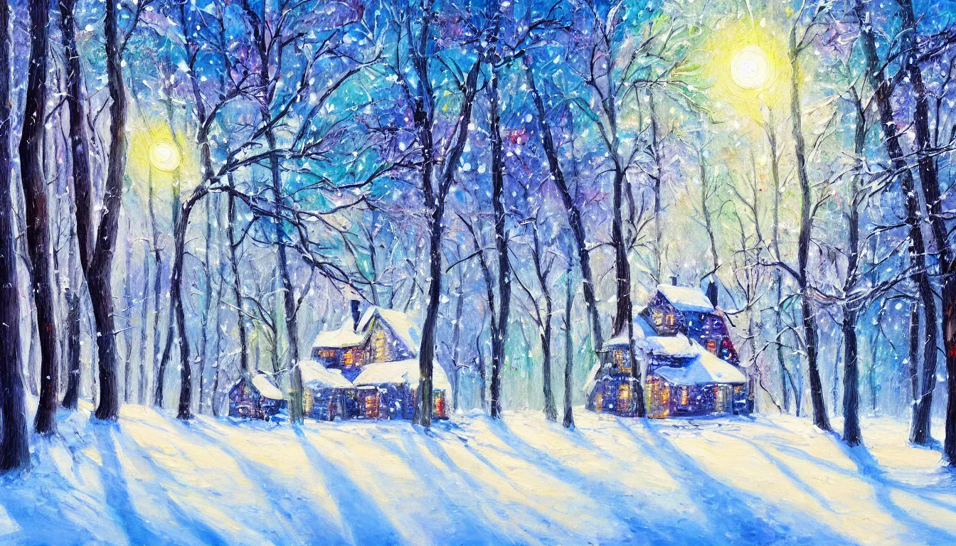 Prompt: ! dream painting of winter blizzard of house in the woods, sunny evening, artistic, brush, strokes, colourfull, very detailed, 4 k