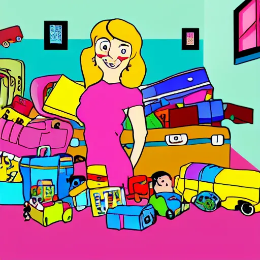 Image similar to a painted cartoonish scene, an open suitcase sits on a table, the open suitcase contains a vast pile of toys, the pile of toys rises all the way to the ceiling, the pile of toys blocks the background, a woman stands next to the table and suitcase, the woman holds more toys