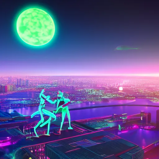 Image similar to neon sci - fi city, futuristic, neon colours, high saturation, high def, 8 k, hd, two moons on night sky,