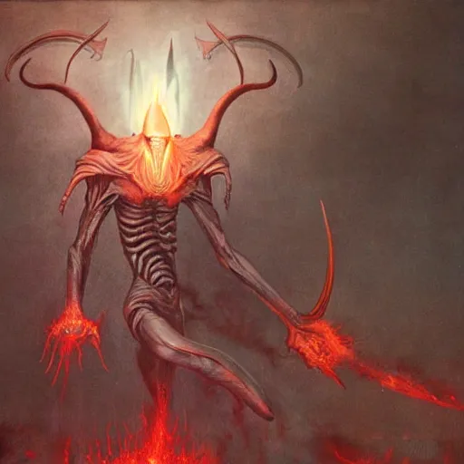 Image similar to realistic alien with horns. red eyes, human eyes, background flames, by wayne barlowe