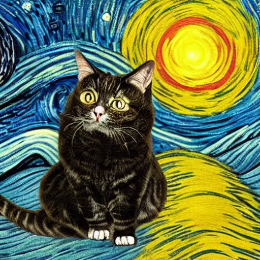 Image similar to a painting of a wizard cat in the style of starry night