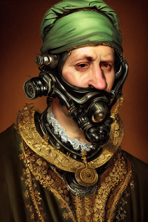 Prompt: portrait, headshot, digital painting, of a 17th century, regal, old, middle eastern, decadent, cyborg nobleman, dark hair, gasmask, amber jewels, baroque, ornate dark green opulent clothing, scifi, futuristic, realistic, hyperdetailed, concept art, chiaroscuro, Frans Hals style