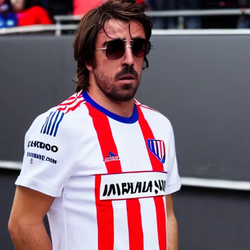 Prompt: fernando alonso wearing atletico de madrid soccer shirt