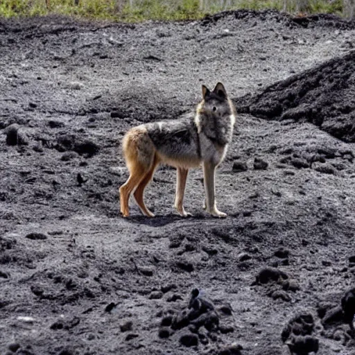 Prompt: a photo of a wolf standing next to molten lava