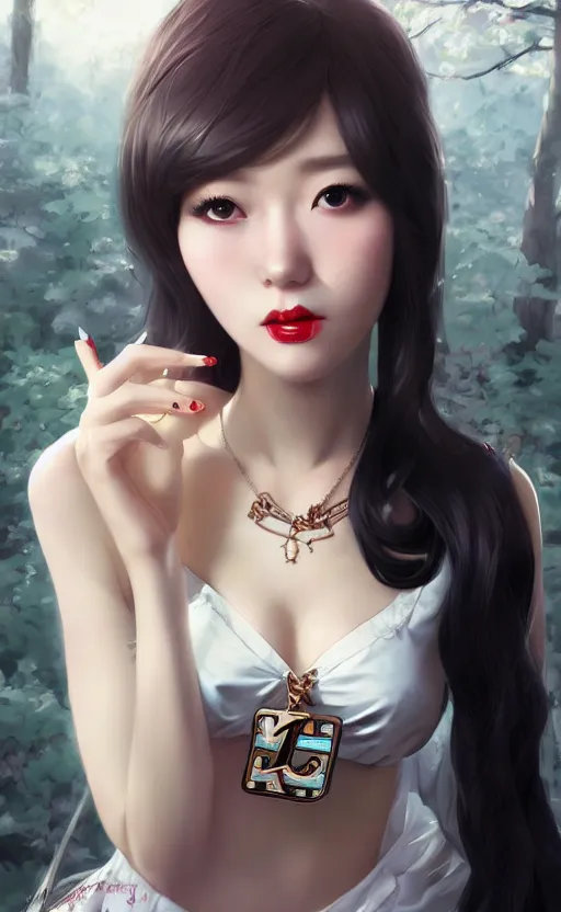 Image similar to a pin up and beautiful fashion charming dreamlke korea girl with lv jewelry, character art, art by artgerm lau and kyoung hwan kim and and ilya kuvshinov and john singer sargent, hyperdetailed, 8 k realistic, symmetrical, frostbite 3 engine, cryengine, dof, trending on artstation, digital art