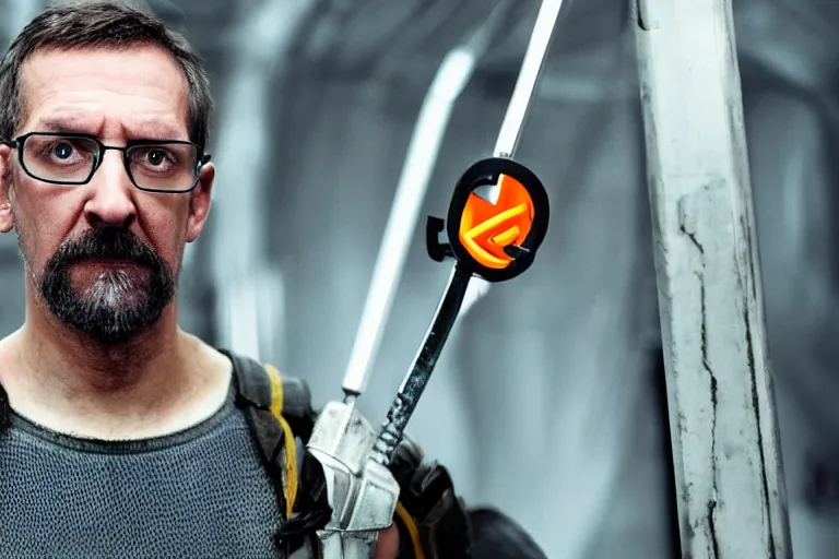 Image similar to vfx movie closeup real life gordon freeman holding wearing futuristic armor, half life logo on chest, crowbar in russian train yard by emmanuel lubezki